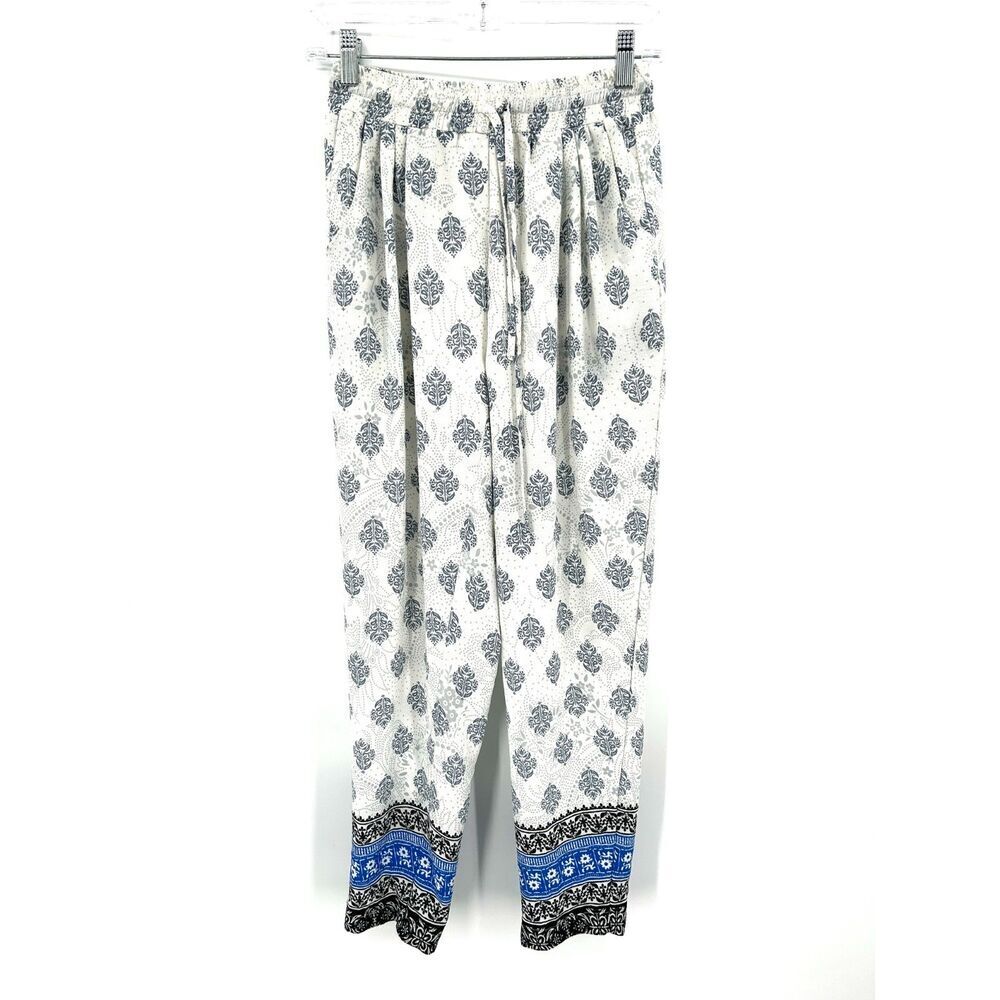 GRIFFLIN Paris White Blue Floral Print Lightweight Waist Tie Pants Size Medium